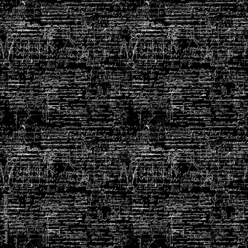 Seamless pattern of mathematical operations and elementary functions, endless arithmetic on seamless chalk boards. Handwritten solutions. Geometry, math, physics, electronic engineering subjects.