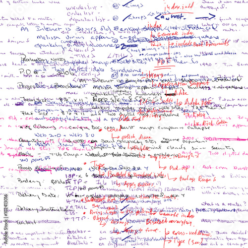 Vector seamless pattern with real hand written Latin text in color on white paper. Lectures archives on different subjects, graphic design, typography, web programming. Natural hand writing style.