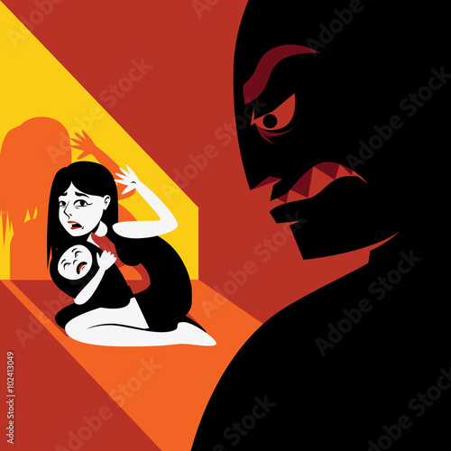 Woman hides the child from male silhouette