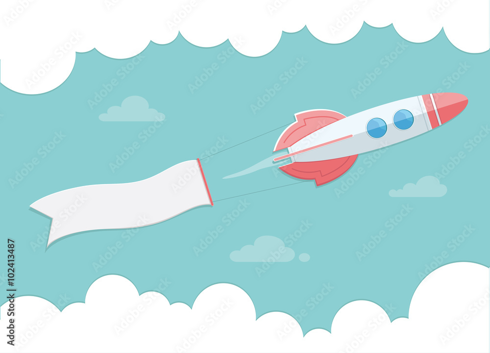 Rocket carrying the banner.. Flat style vector illustration.