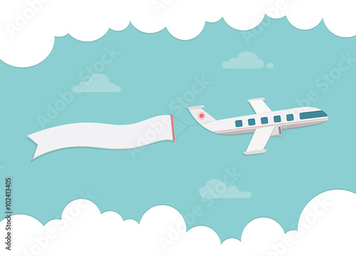 Small passenger plane carrying a banner. Flat style vector illus