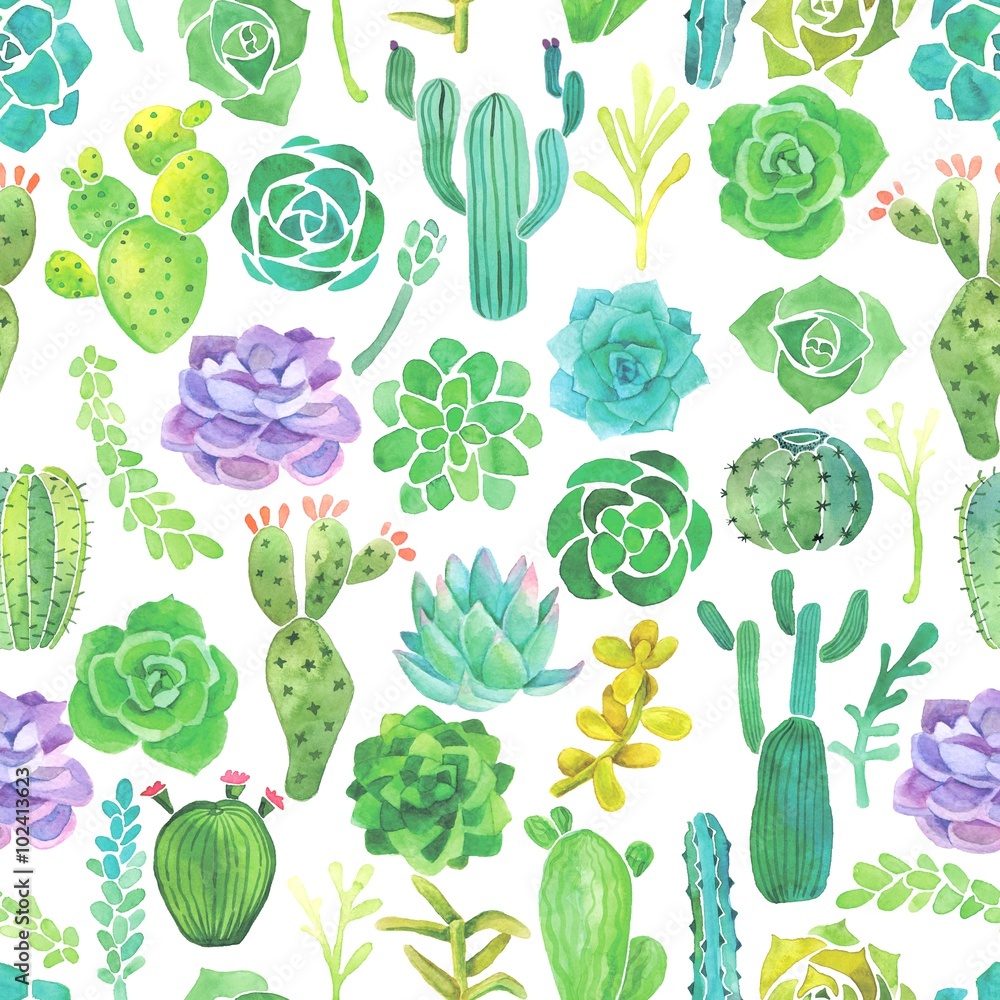 Watercolor cactus and succulent seamless pattern