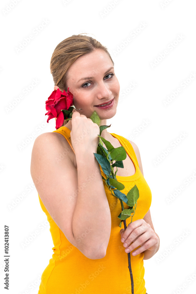 beautiful young woman holding red rose on white background beautiful young woman holding red rose on white background