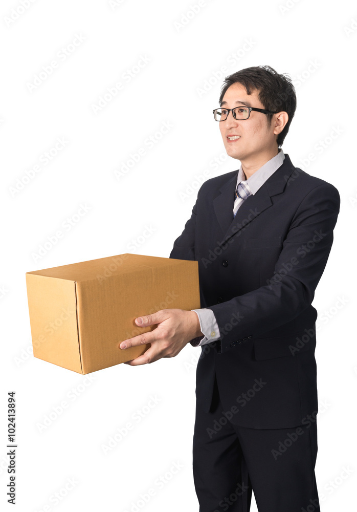 Asian businessman giving and carrying parcel, cardboard box, iso Asian businessman giving and carrying parcel, cardboard box, iso