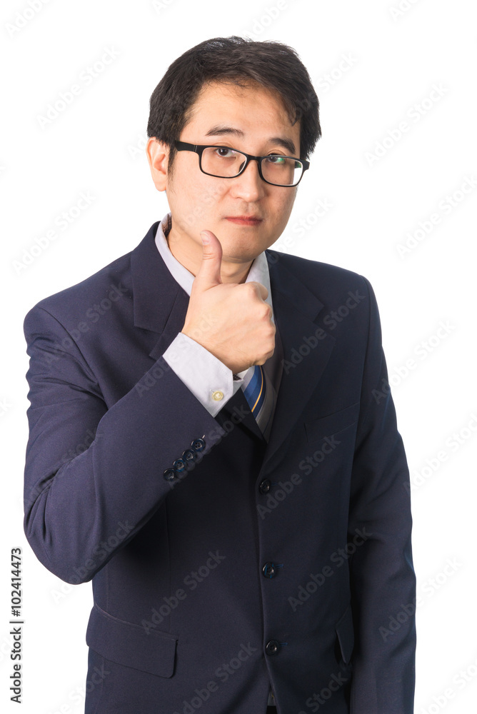 Asian businessman making thumbs up with a Smiling, Isolated on w Asian businessman making thumbs up with a Smiling, Isolated on w