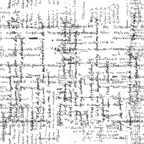 Vector seamless pattern with real hand written Latin text on white paper. Lectures archives on different subjects, such as graphic design, typography and web programming. Natural hand writing style. 