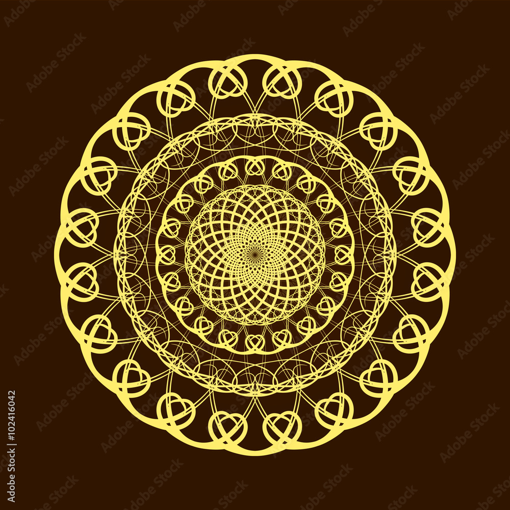 Hand drawn gold flower mandala over dark brown