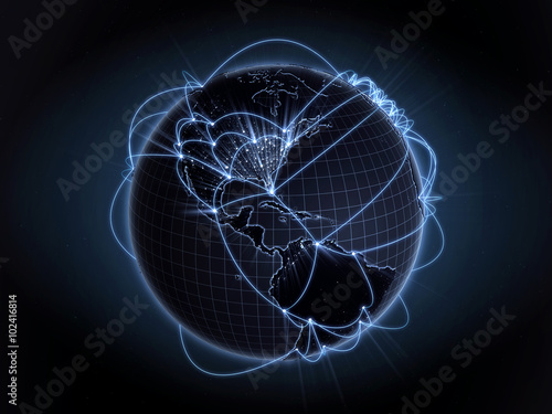 Global network, internet concept. View of North America, USA. Blue version.
