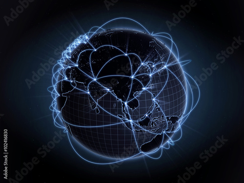 Global network, internet concept. View of Asia and Australia. Blue version.