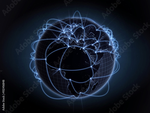 Global network, internet concept. View of Europe and Africa. Blue version.
