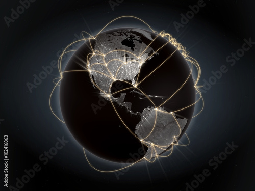 Global network, internet concept. View of North America, USA. Orange version.