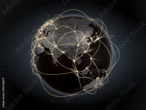 Global network, internet concept. View of Asia and Australia. Orange version.