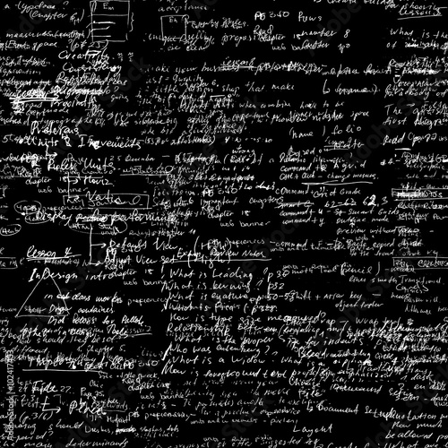 Seamless pattern, mathematical operations and elementary functions, endless arithmetic black background. Real handwritten solutions. Geometry, math, physics, electronic engineering subjects. Lectures.