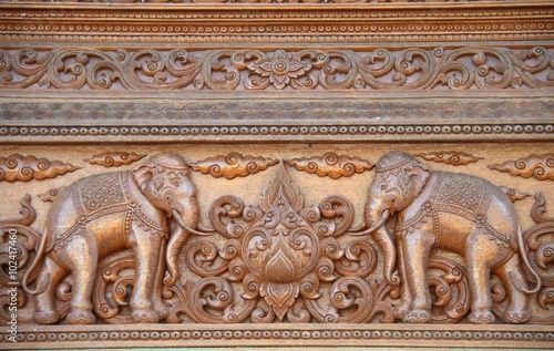 Elephant carved on the wood in Thai temple, Chiang Mai, Thailand