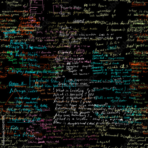 Seamless pattern with handwriting text. Calligraphic English text, black background. Natural hand writing style. Lectures archives on different subjects, graphic design, typography, web programming.