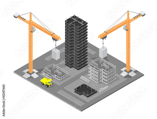 Isometric vector illustration of a construction site with cranes and buildings.  Busy modern Building site - under construction.