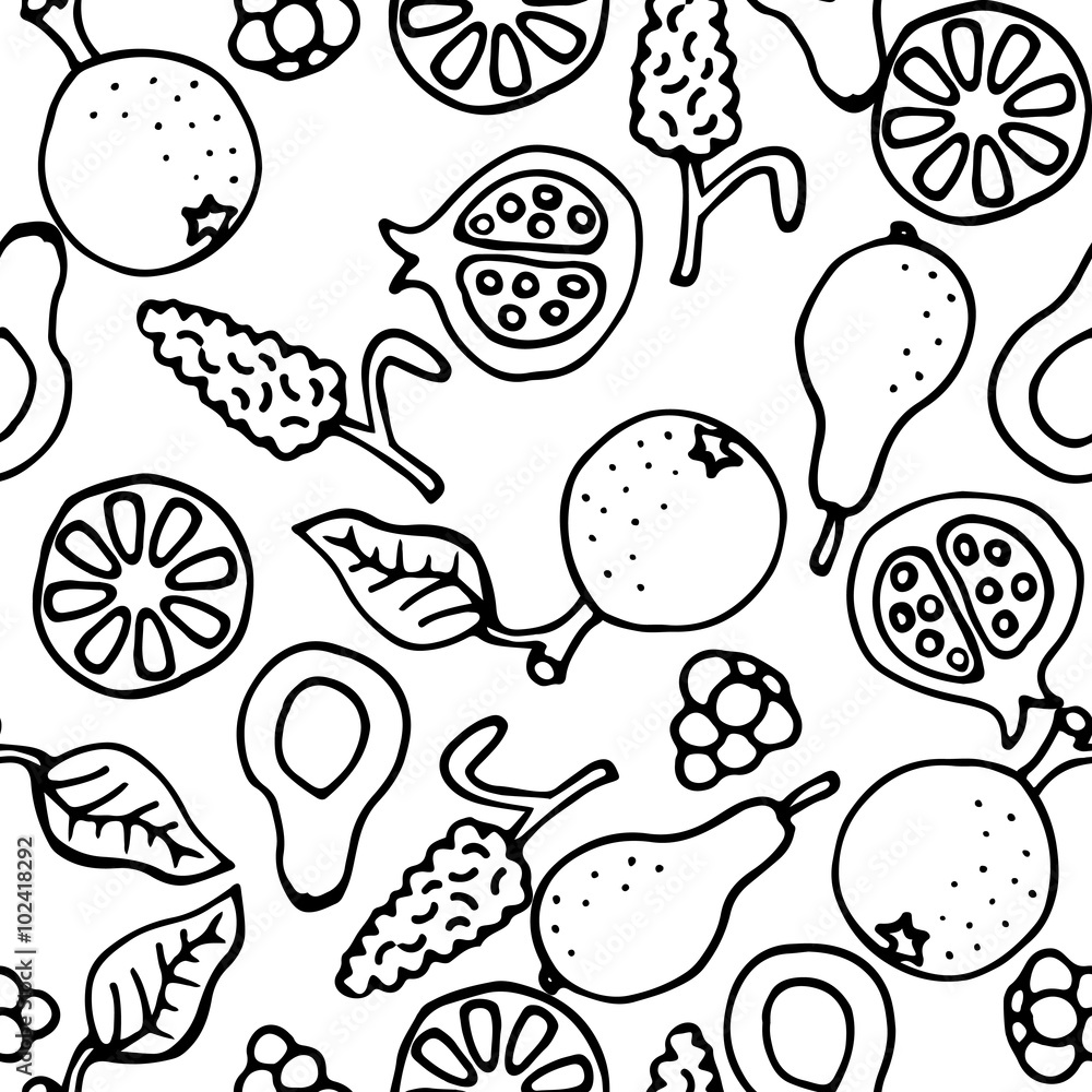 Fruit doodle hand drawn seamless vector pattern. Ink pen sketched food monochrome coloring background. Fruit doodle hand drawn seamless vector pattern. Ink pen sketched food monochrome coloring background.