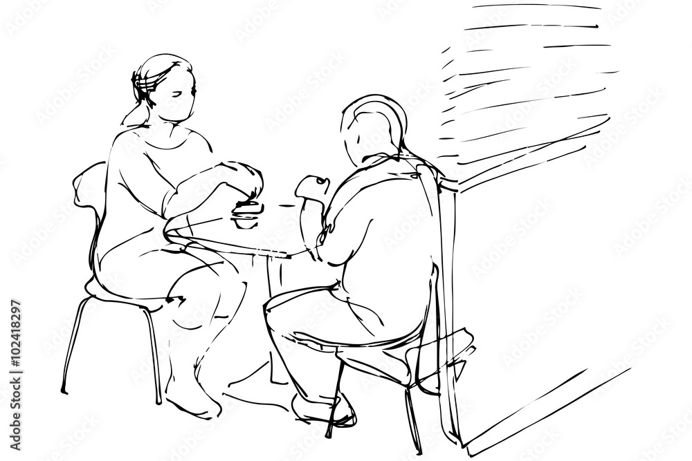 vector sketch of man and woman at a table in a cafe