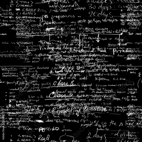 Seamless pattern, mathematical operations and elementary functions, endless arithmetic black background. Real handwritten solutions. Geometry, math, physics, electronic engineering subjects. Lectures.