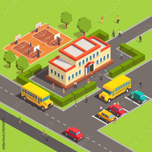 Isometric school building with people