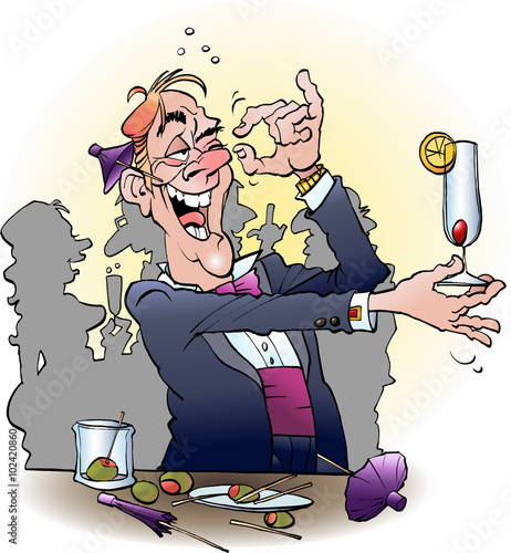Vector cartoon illustration of an alcoholic at a cocktail party