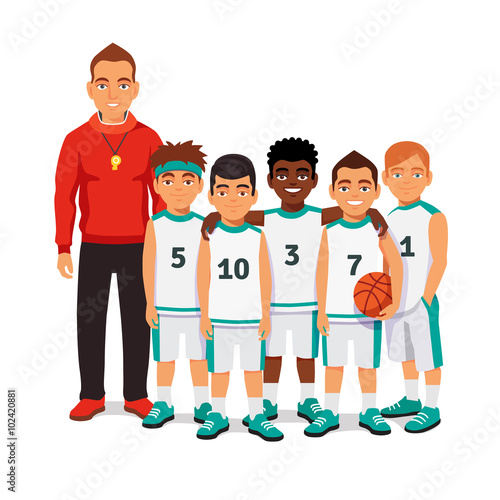 School boys basketball team with their coach