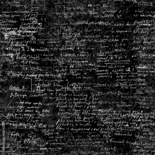Seamless pattern, mathematical operations and elementary functions, endless arithmetic black background. Real handwritten solutions. Geometry, math, physics, electronic engineering subjects. Lectures.