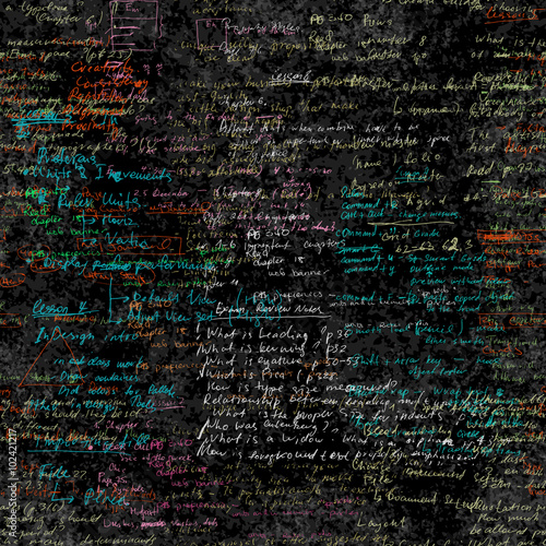 Seamless pattern with handwriting text. Calligraphic English text, on chalk board. Natural hand writing style. Lectures archives on different subjects, graphic design, typography, web programming.