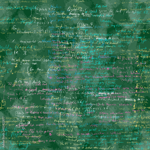Vector seamless pattern with real hand written Latin text on green board with coloured chalk.