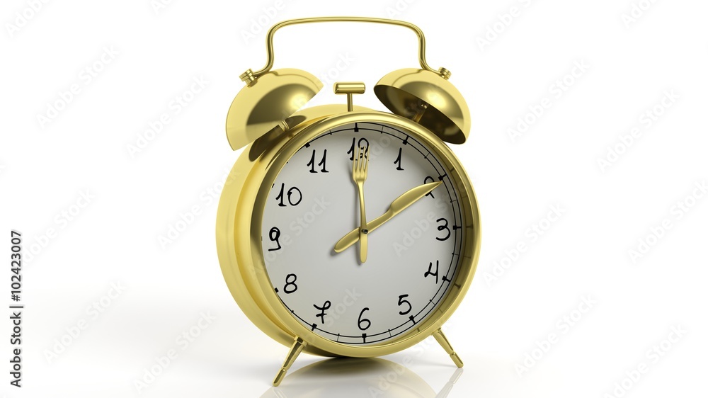 Retro gold alarm clock with knife and fork as poinets, isolated on white background. Retro gold alarm clock with knife and fork as poinets, isolated on white background.