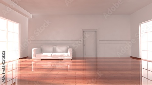 Empty sunny room with windows  sofa and parquet floor  apartment interior