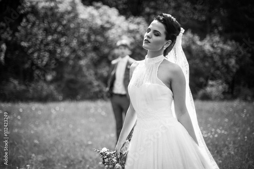 Gorgeous brunette bride in elegant dress posing in sunny park b&