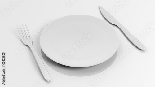 Silver fork and knife with a plate, isolated on white background.