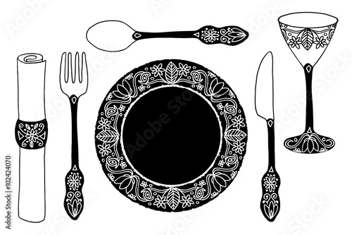 Hand drawn table set with plate, cutlery, drinking glass and napkin