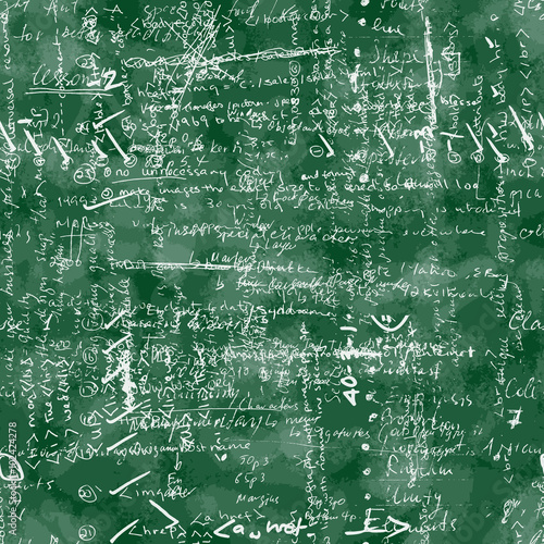 Vector seamless pattern with real hand written Latin text on green chalk board. Lectures archives on subjects, graphic design, typography, web programming. Natural hand writing style. English.