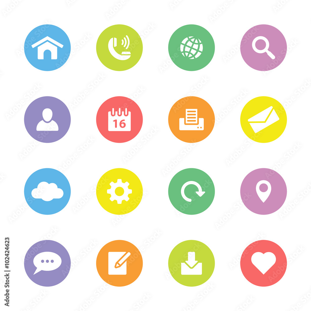 Colorful simple flat icon set 1 on circle - for web design, user interface UI, infographic and mobile application Colorful simple flat icon set 1 on circle - for web design, user interface UI, infographic and mobile application