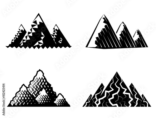 Icon set of mountains in black-and-white colors. Vector symbols collection of mountain range. Qualitative vector signs about travel, nature, climbing, landscape, tourism, geology, expedition, etc