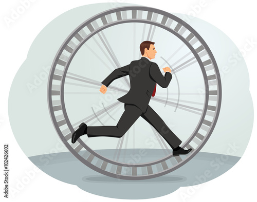 Businessman running in a hamster wheel. Inefficient work.