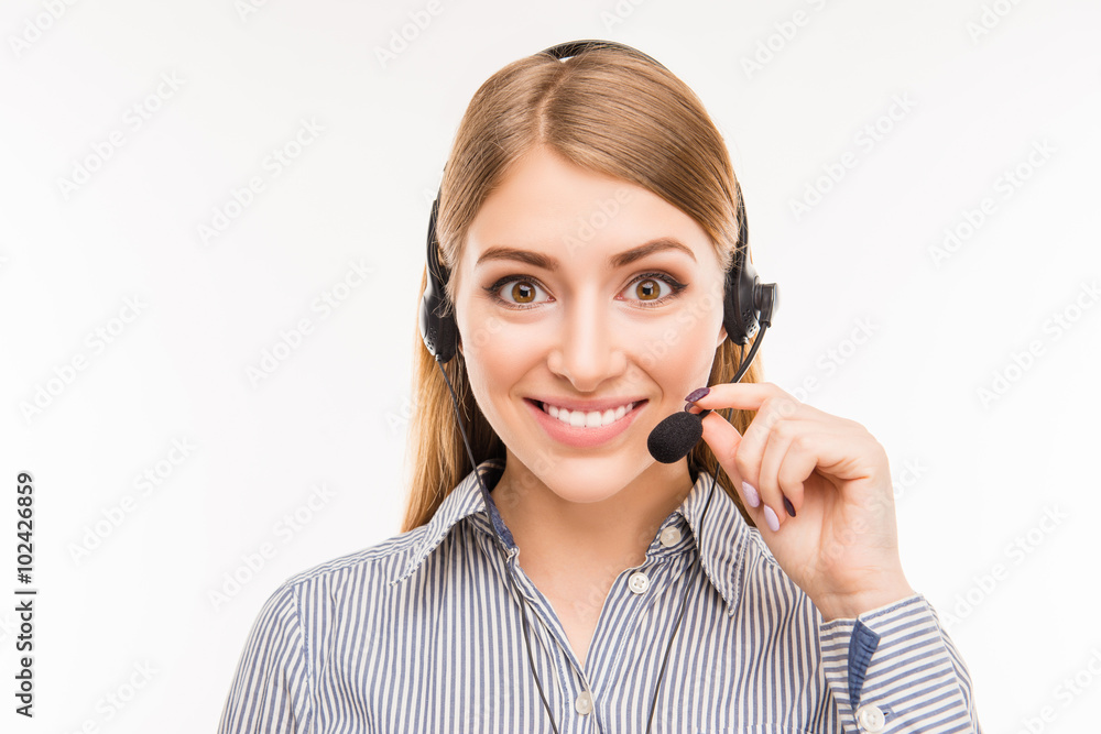 Close up portrait of young cheerful agent of call centre Close up portrait of young cheerful agent of call centre