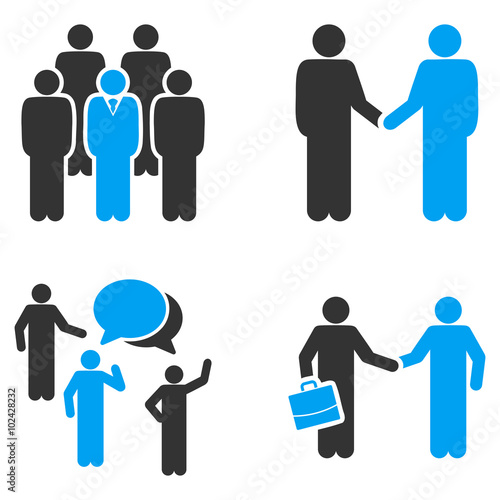 Business Relations vector icons. Style is flat bicolored symbols painted with blue and gray colors on a white background, angles are rounded.