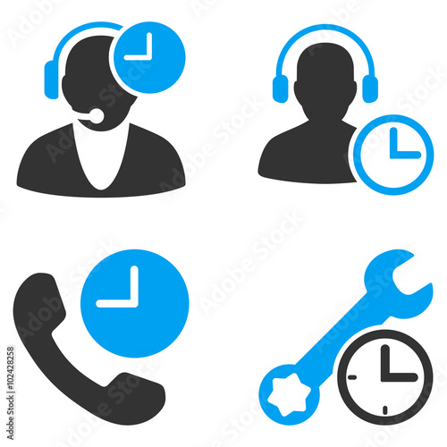 Call Center Service Time vector icons. Style is flat bicolored symbols painted with blue and gray colors on a white background, angles are rounded.