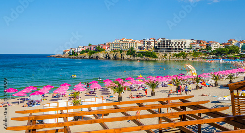 Central beach and view of the Old Town. Sozopol was founded in the 7th century BC by Greek colonists. Today it is one of the major seaside resorts in the country