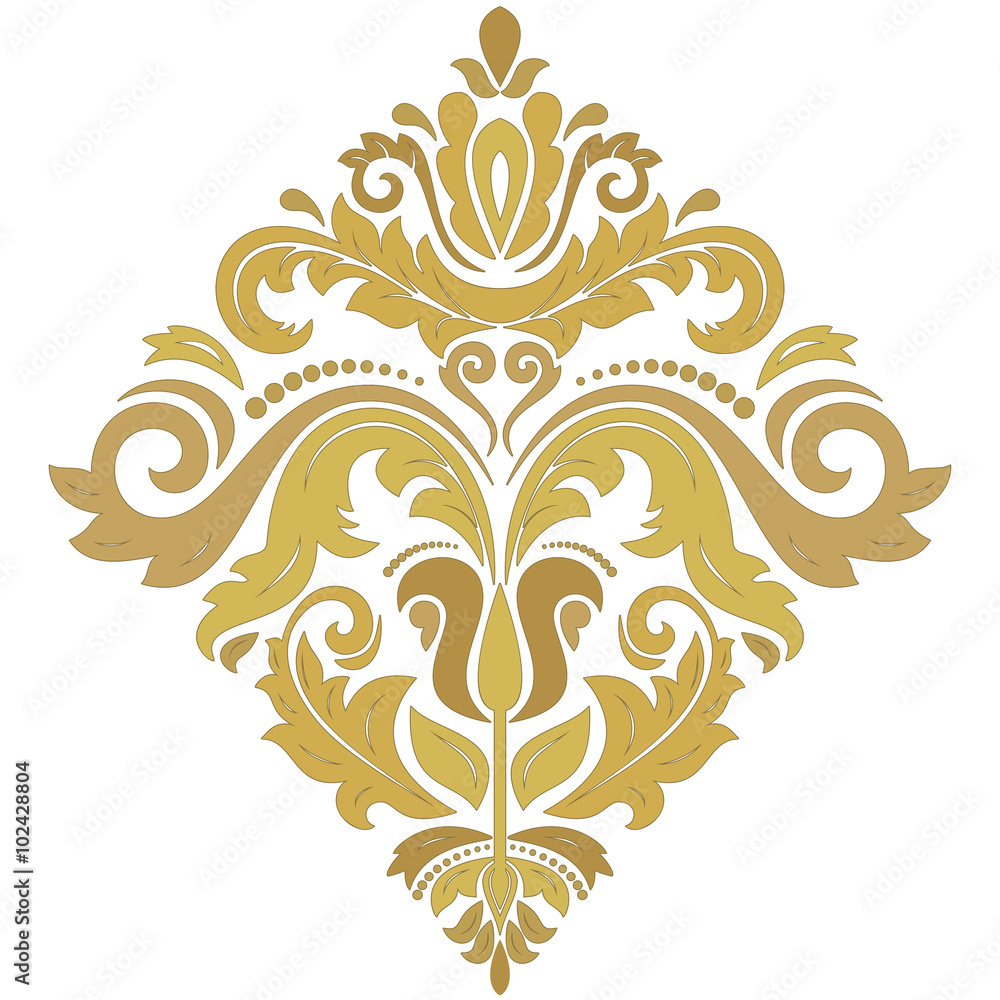 Oriental vector colored pattern with golden arabesques and floral elements. Traditional classic ornament