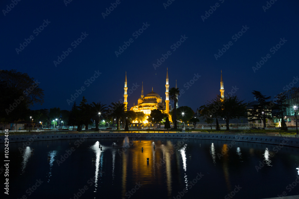 Naklejka premium Sultan Ahmed Mosque with reflection in water at night, Istanbul