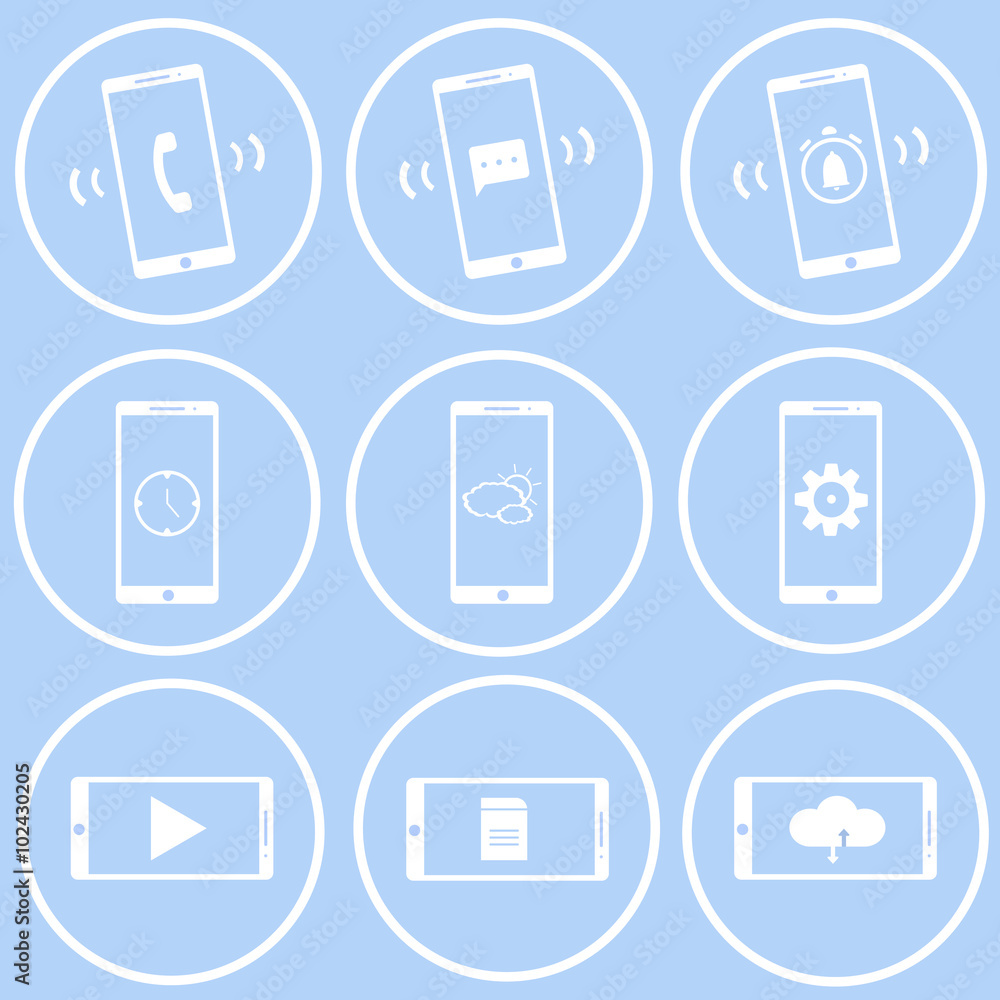 Set of phones and icons for phone in material design Set of phones and icons for phone in material design