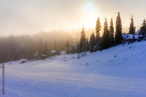 Winter landscape. Sunrise in the mountains. Beautiful World. Christmas scene. Carpathians, Ukraine, Europe © Dmytro Kosmenko