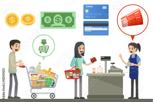 People are shopping in supermarkets - Vector Illustration, Graphic Design
