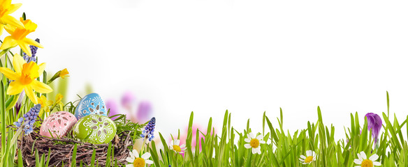 Decorated Easter eggs in a spring meadow