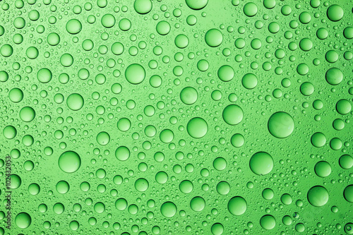 Water drops on green glass background.