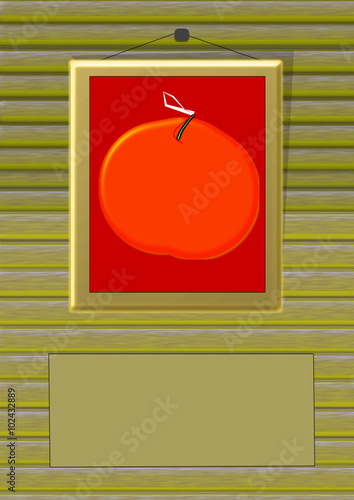 Cuadro con tomate en pared de tablones de madera con letrero inferior.